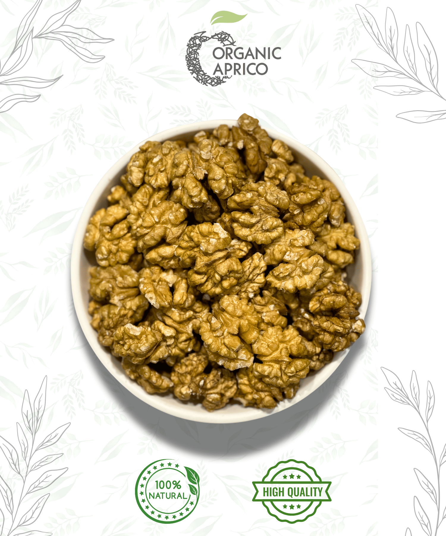 This picture shows walnuts, known as Akroot in Urdu, in a bowl with the Natural and Organic Aprico logo.