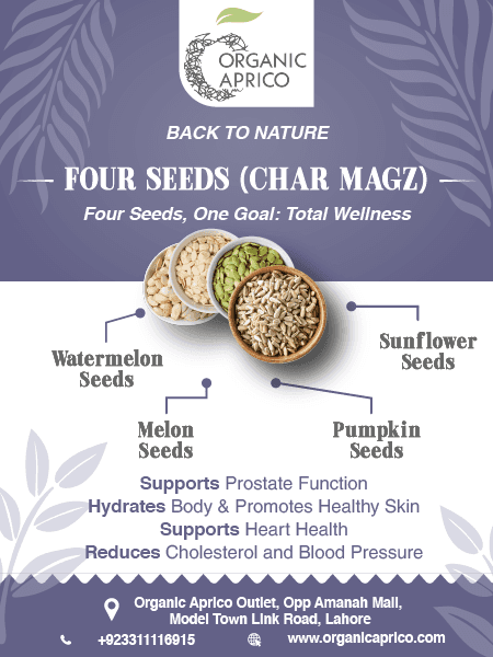 A informative banner displaying the ingredients and scientifically proven health benefits of char magaz (four seeds)