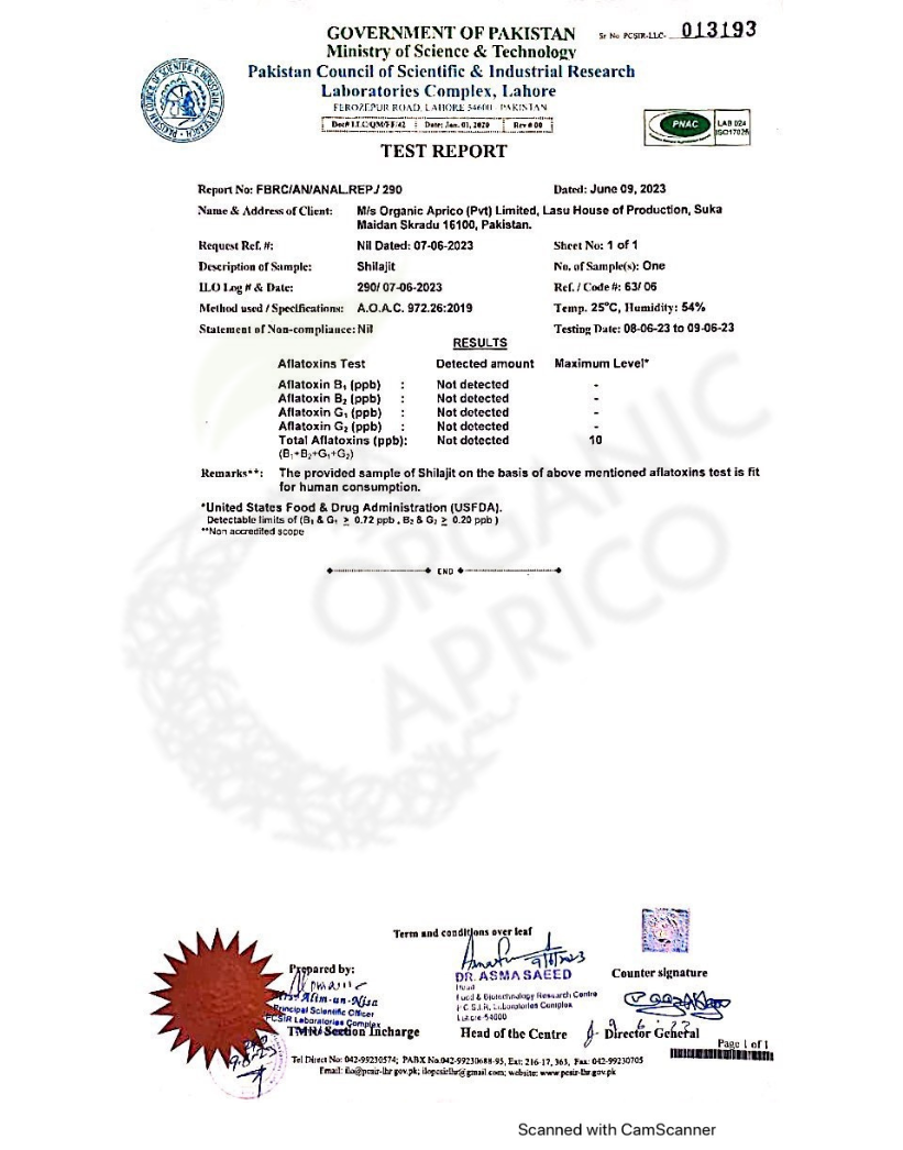 Shilajit aflatoxin test report