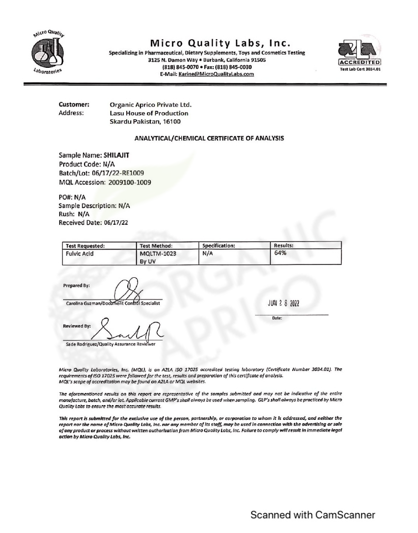 shilajit certificate fulvic acid