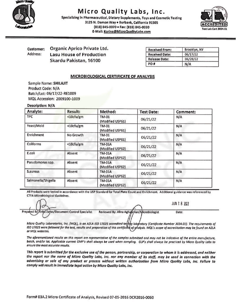 shilajit microbiological report