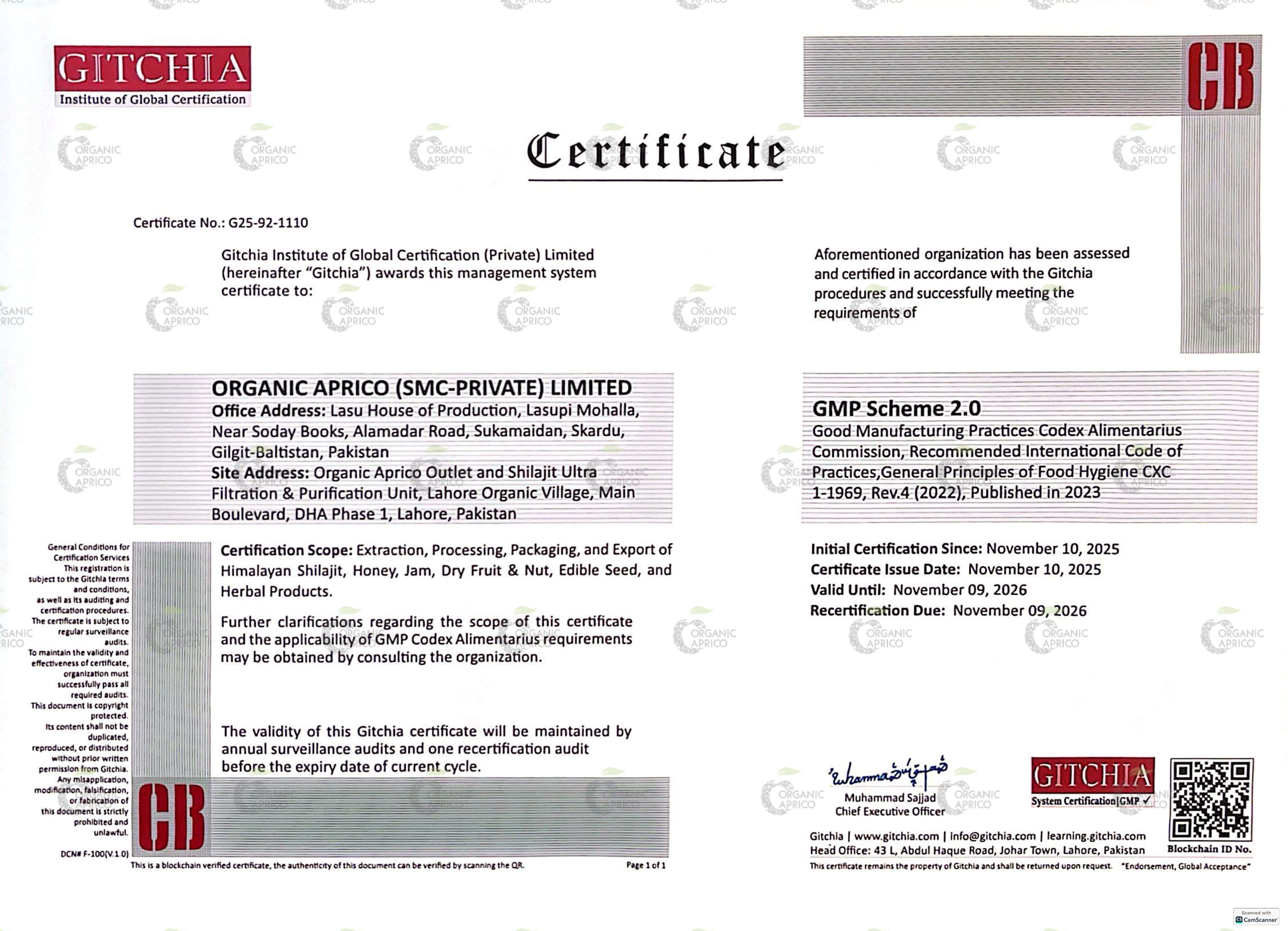 GMP certificate of Organic Aprico