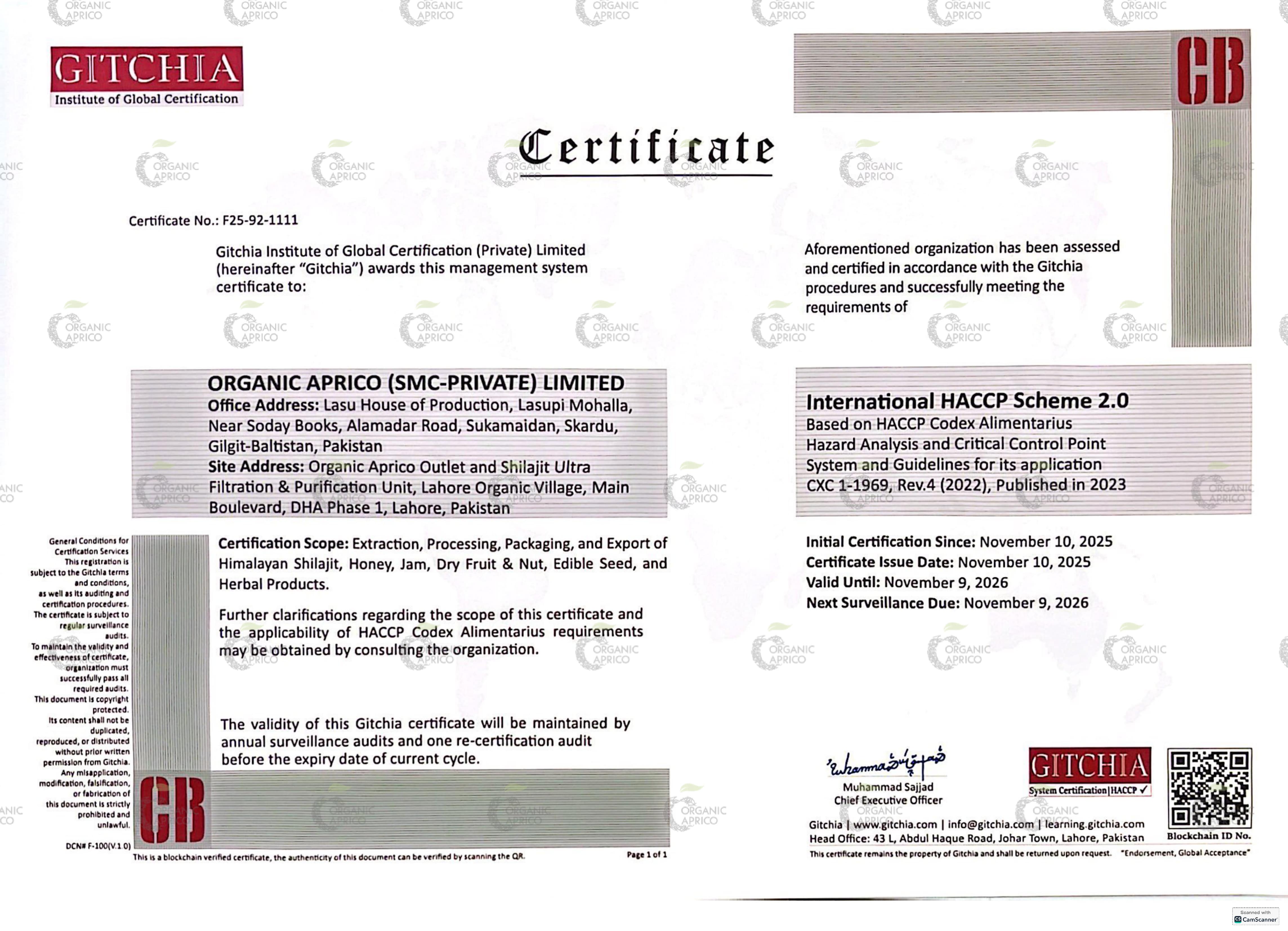 HACCP certificate of Organic Aprico
