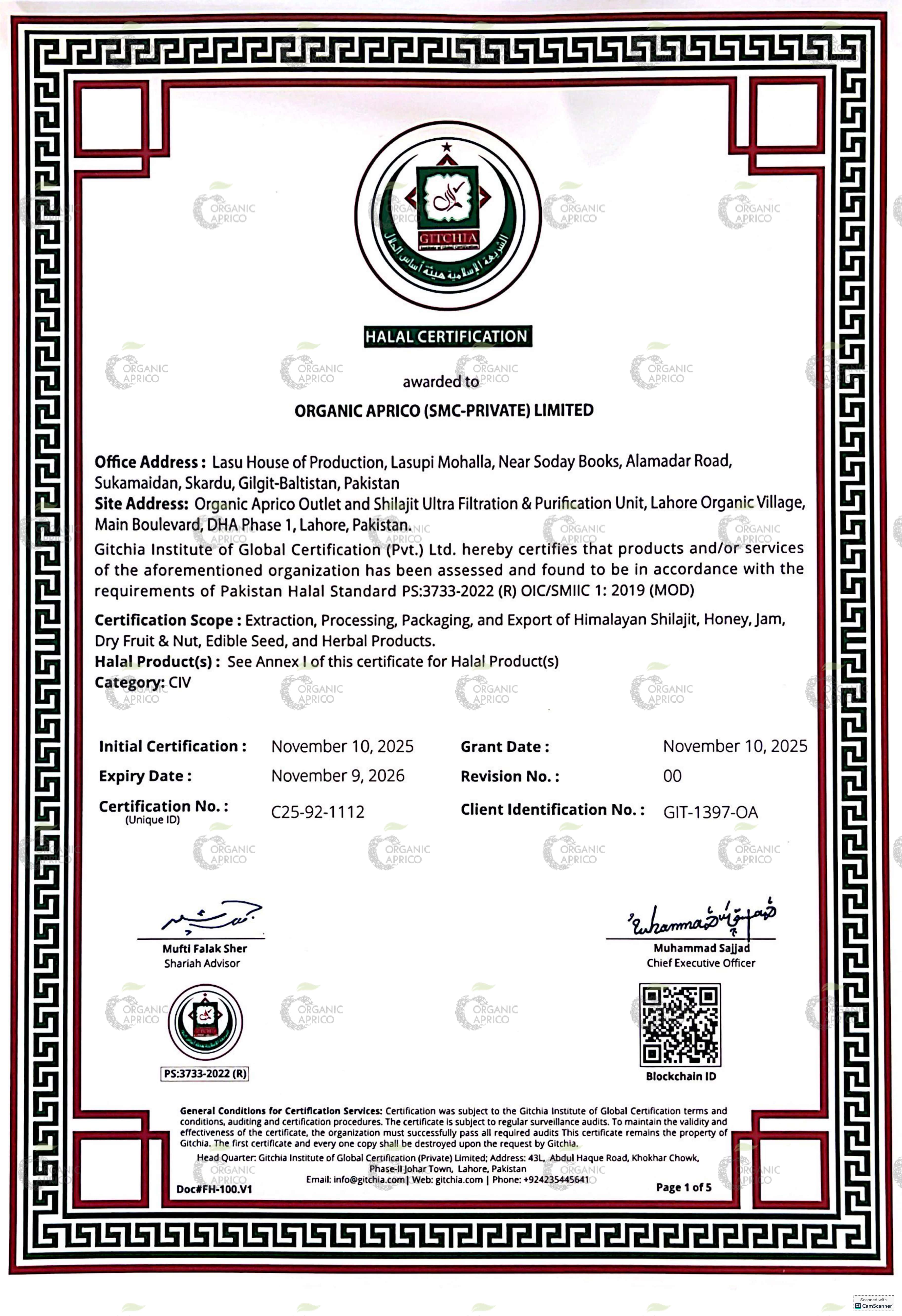 Halal certificate of Organic Aprico