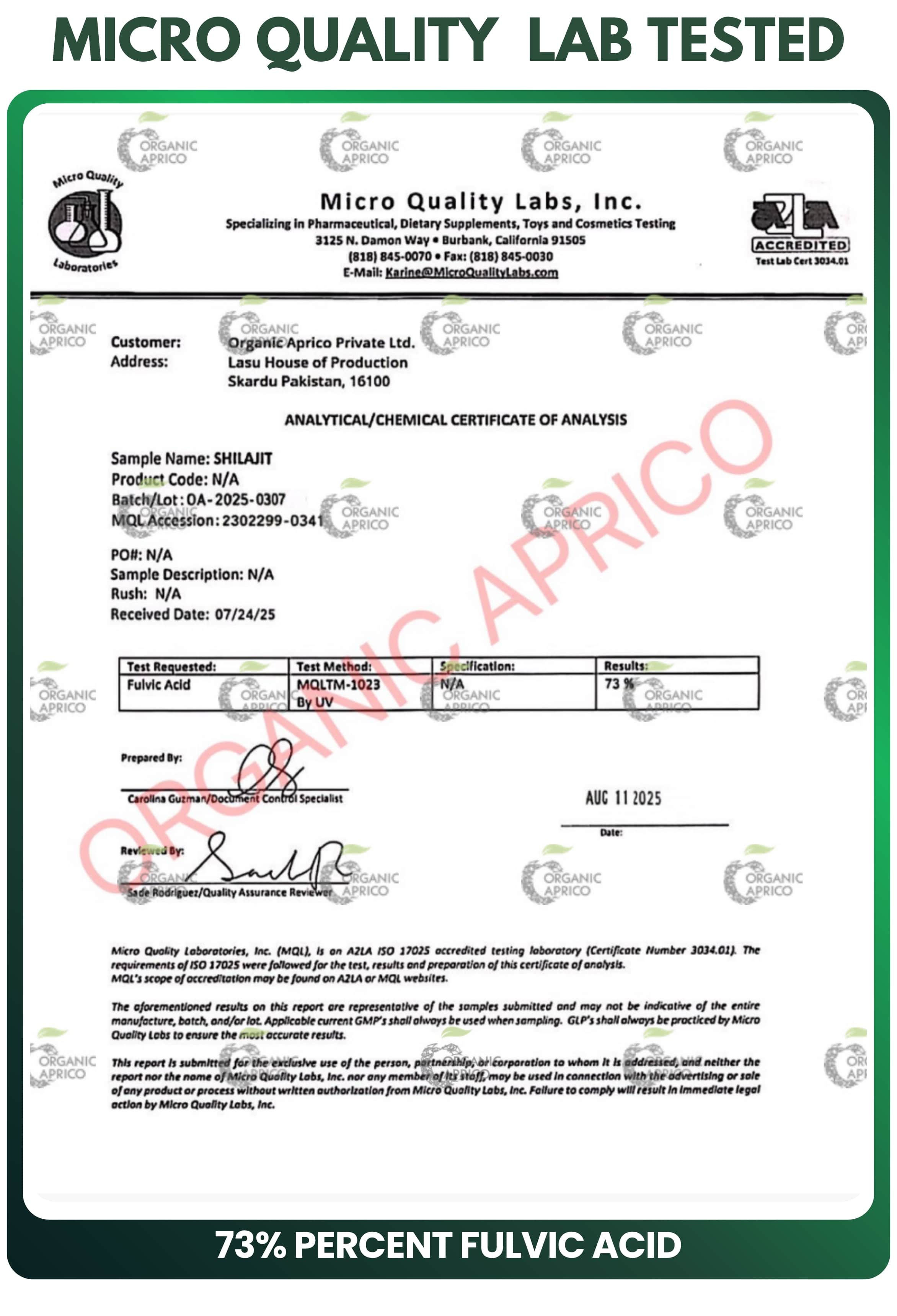 Micro Quality Labs California report showing 73% fulvic acid