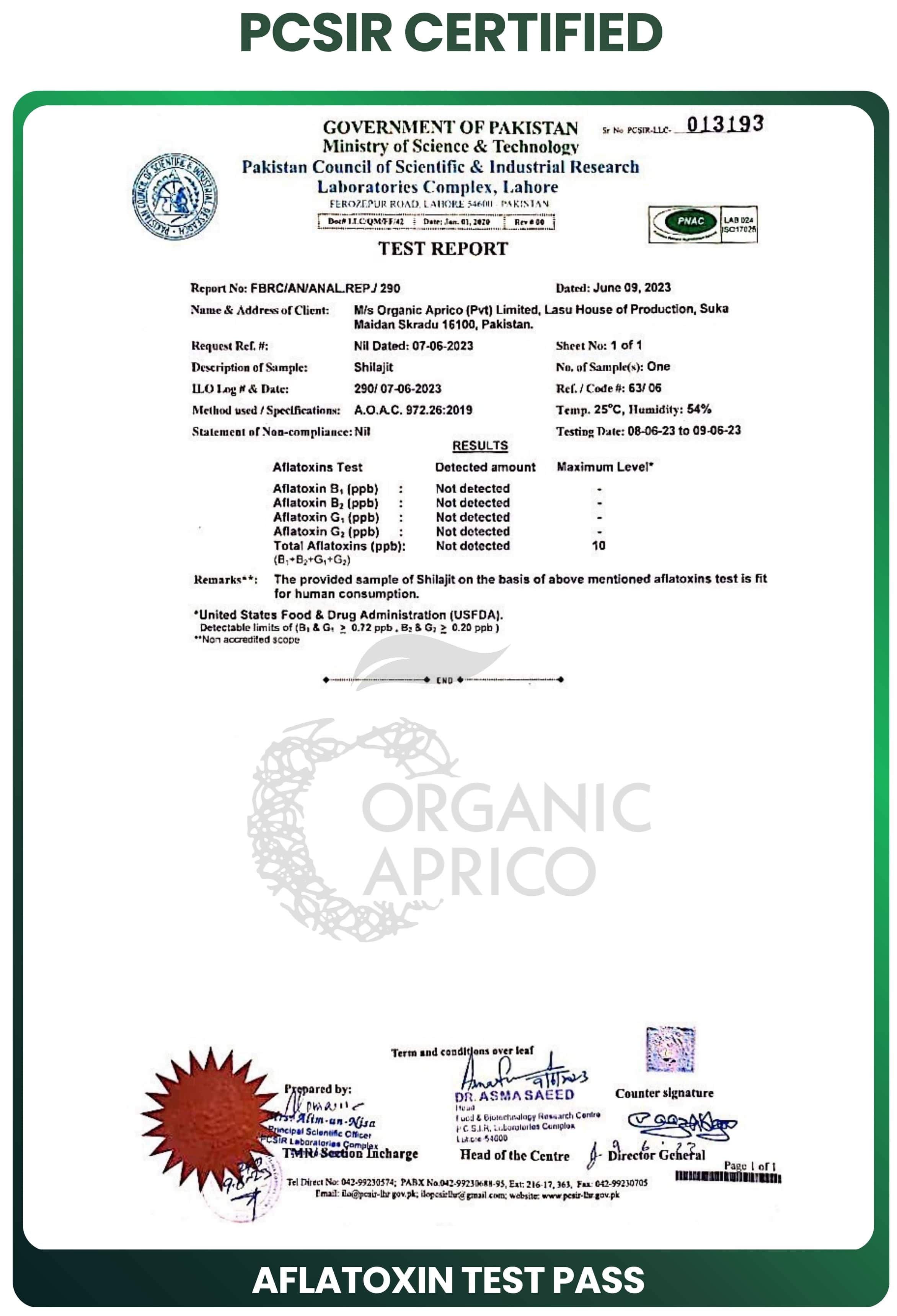 PCSIR lab report showing aflatoxin test passed
