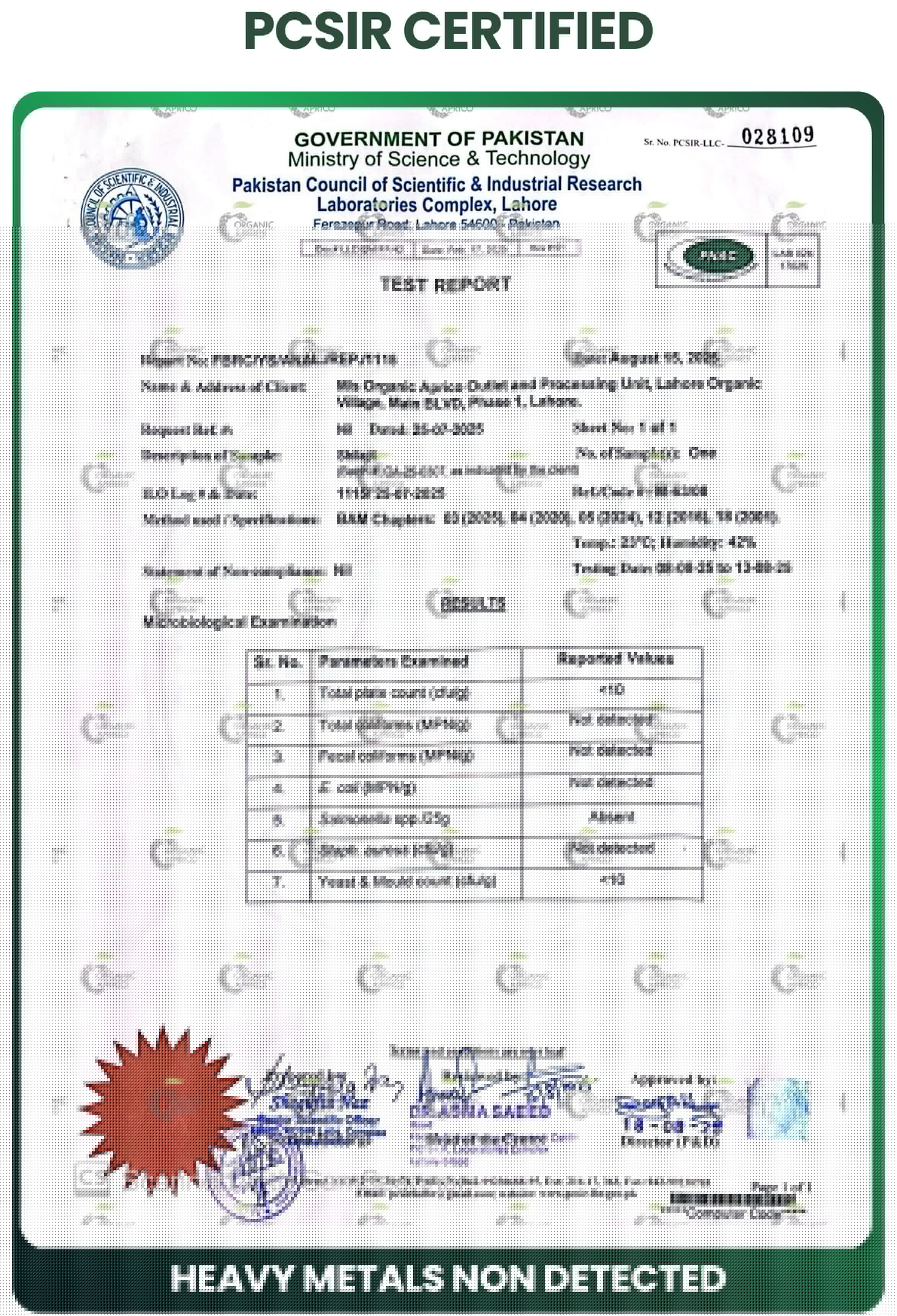PCSIR lab report showing no heavy metals detected