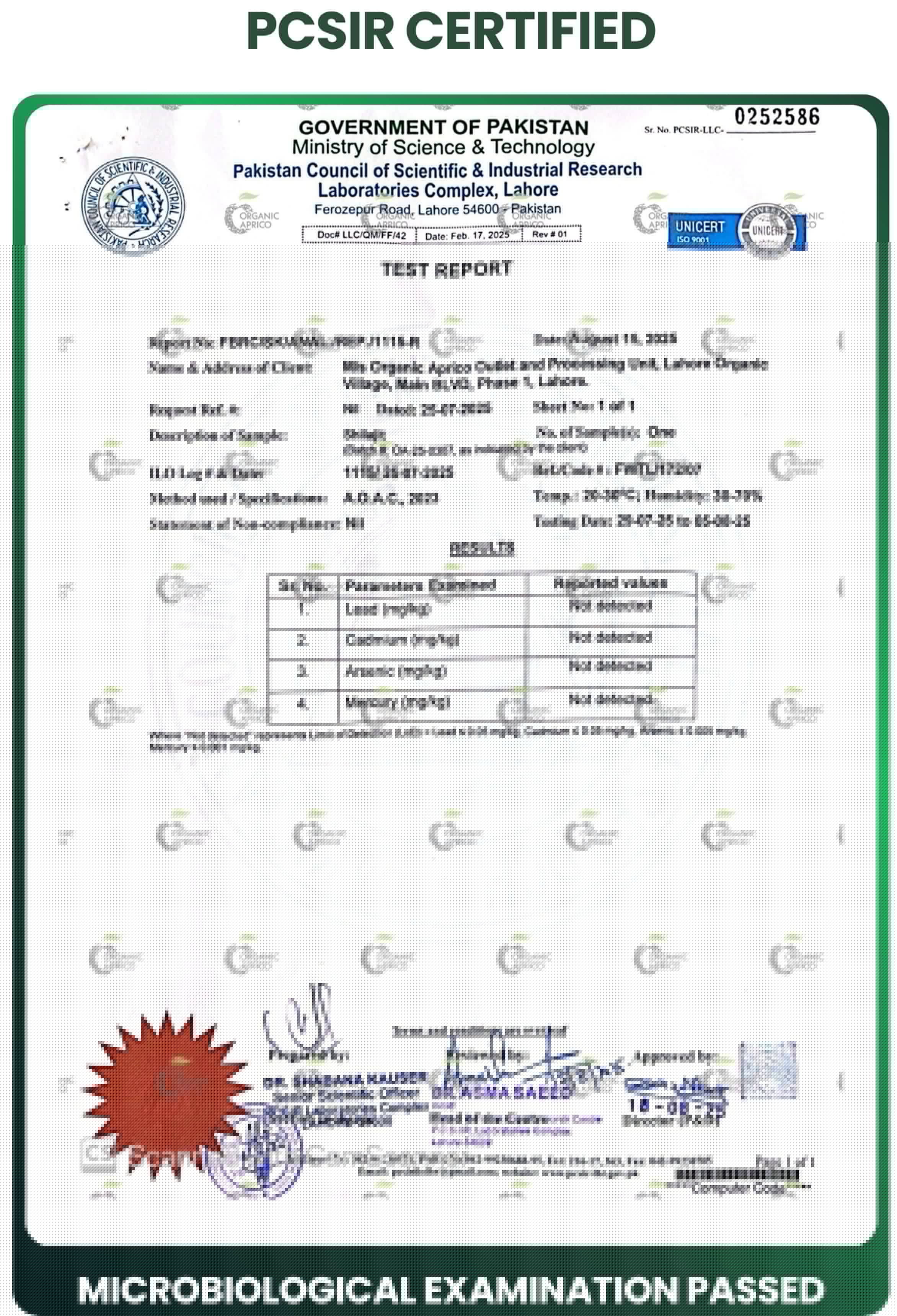 PCSIR lab report showing microbiological test passed